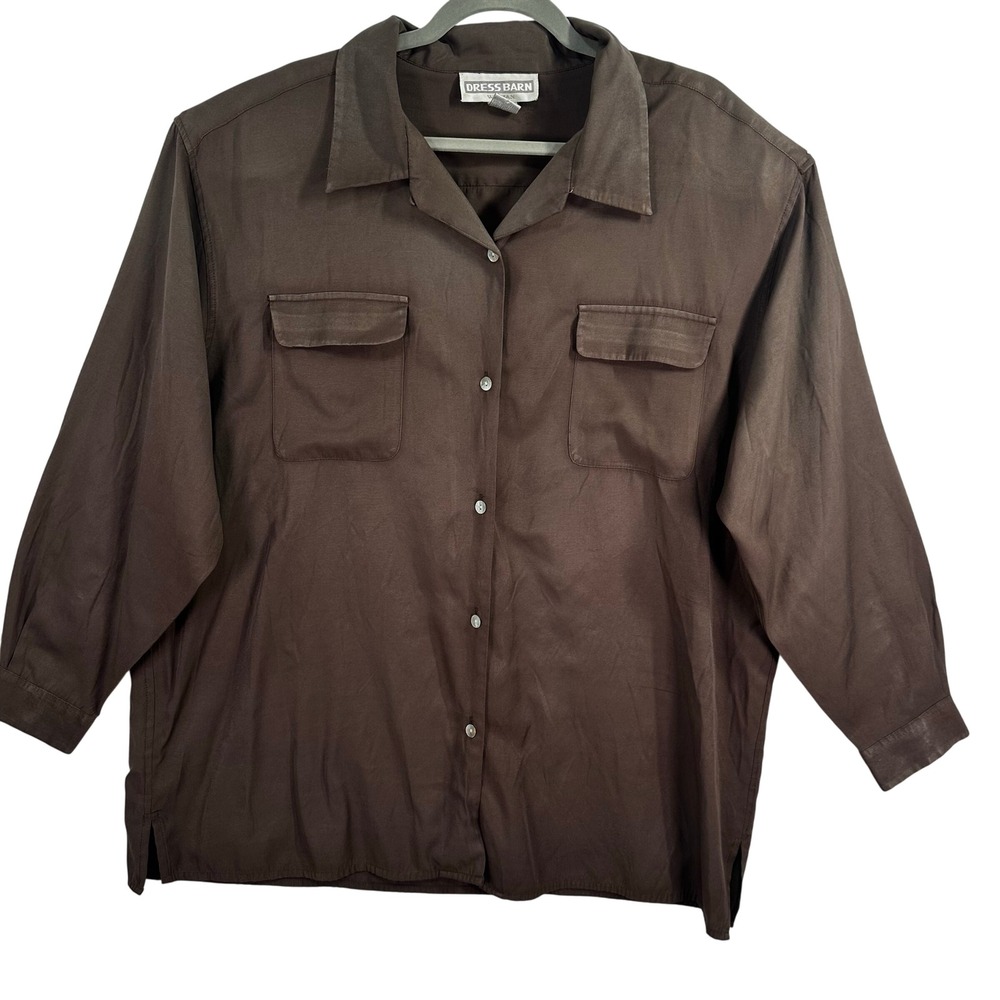 Dress Barn Button Up Shirt Womens 22/24W Olive Green Long Sleeve Rayon Blend